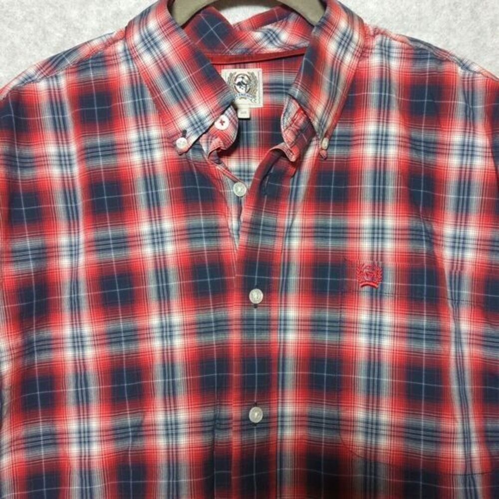 Cinch Men's Shirt Western Red Blue‎ Plaid Checks Sz M Rockabilly Rodeo oversized